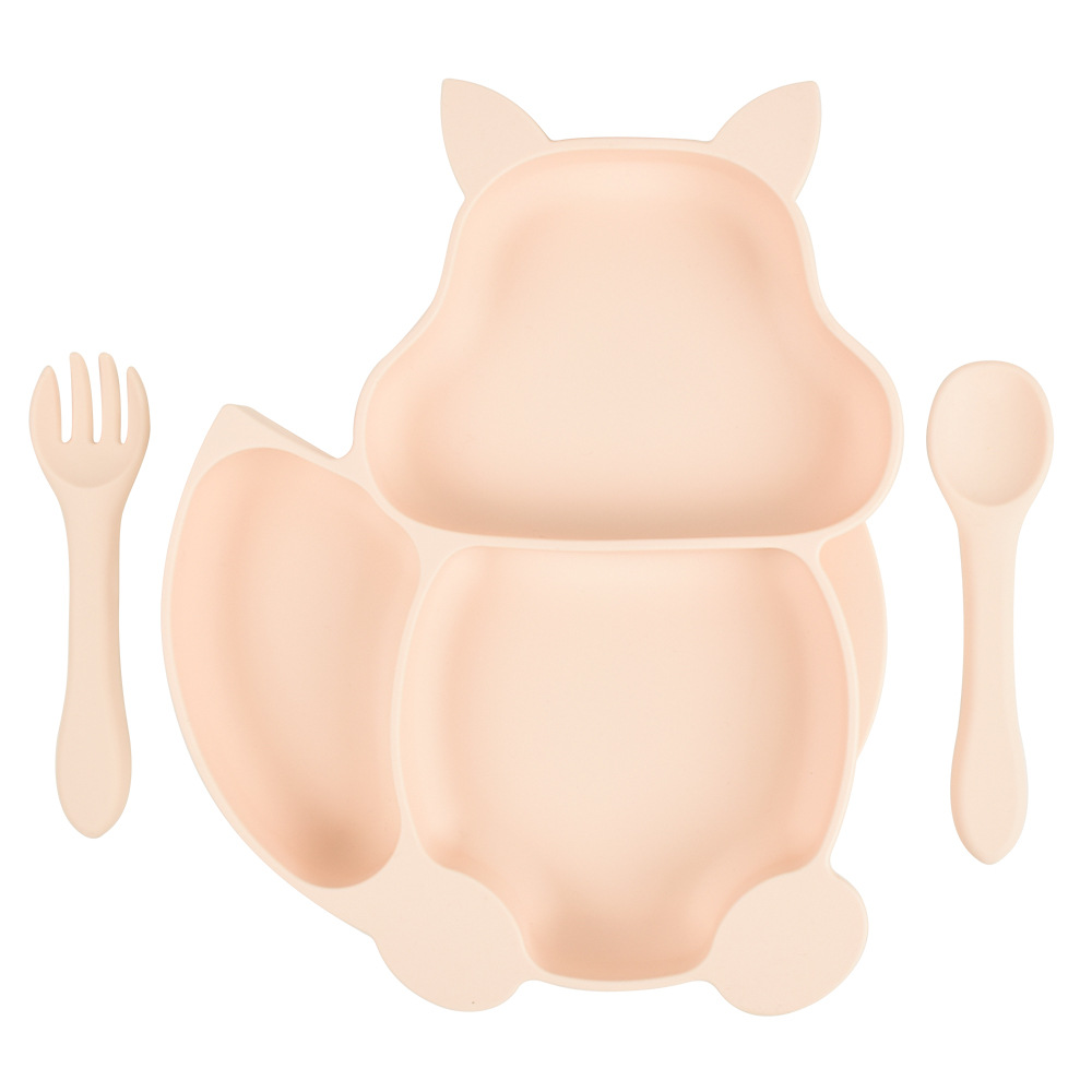 Squirrel Compartment Children's Tableware Baby Silicone Solid Food Bowl Baby Spork Integrated Children's Silicone Service Plate