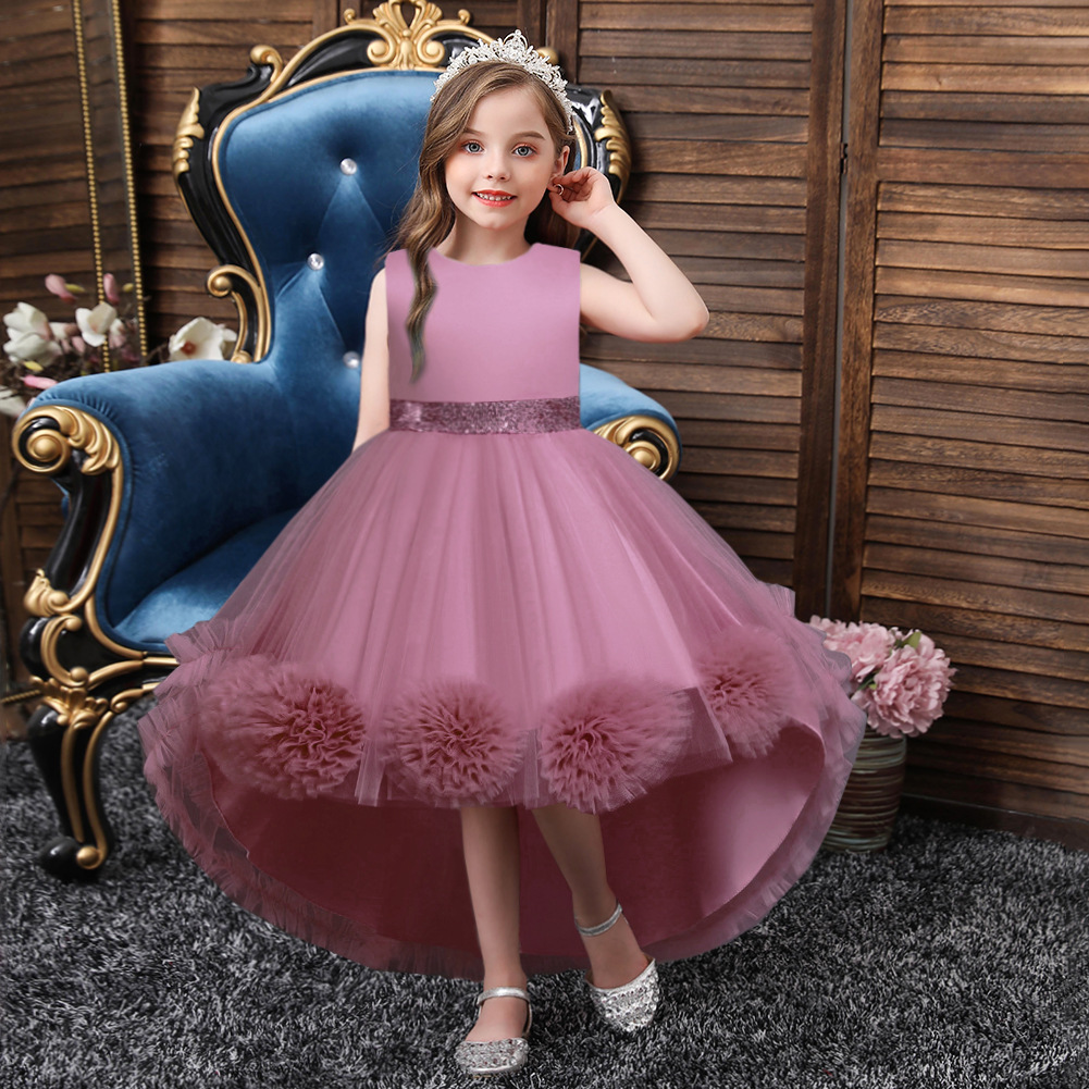 欧美儿童礼服裙无袖女孩拖尾裙六一演出服女童纯色晚礼服公主裙子