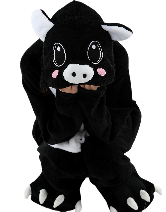 皮杰猪秋冬法兰绒可爱粉猪连体睡衣黑猪男女动物卡通学生家居服