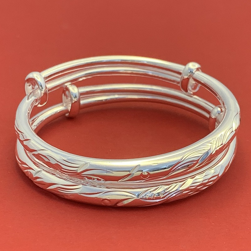 龙凤足银手镯六一儿童节礼品9999纯银婴儿宝宝银手镯小孩银饰实心