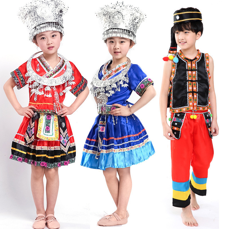 六一儿童苗族演出服短袖壮族彝族少数民族舞蹈服幼儿园大合唱服装