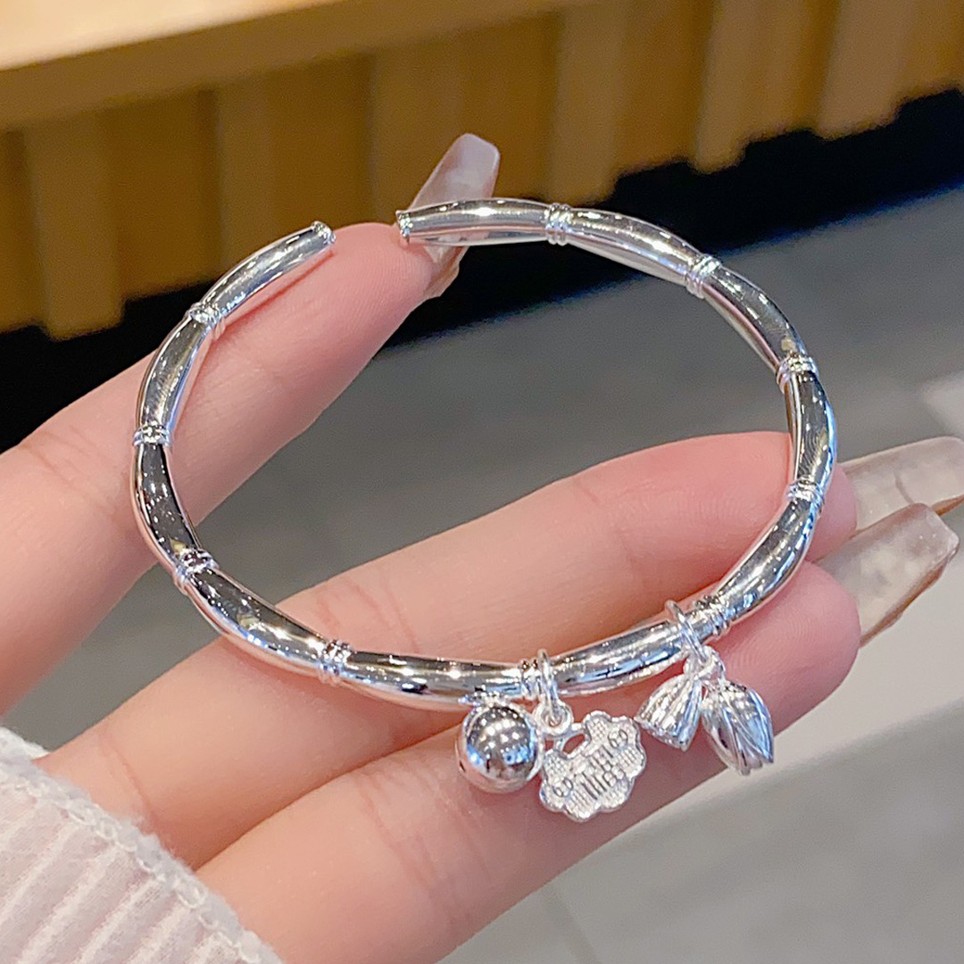 银手镯9999纯银女正品 藕节福牌铃铛两世欢开口实心百搭 银饰品