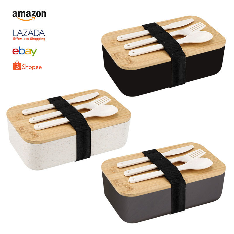 跨境小麦秸秆饭盒日式木盖便当盒家用分格可微波炉饭盒学生午餐盒