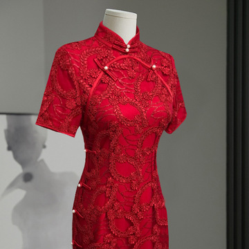 红色旗袍敬酒服新娘夏季订婚礼服平时可穿回门连衣裙法式复古裙