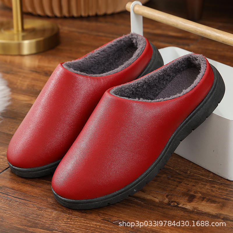 2022 Fleece-lined Thick Leather Cotton Slippers Couple Slippers Fashion Casual All-Match Solid Color Non-Slip Wear-Resistant Women's Men