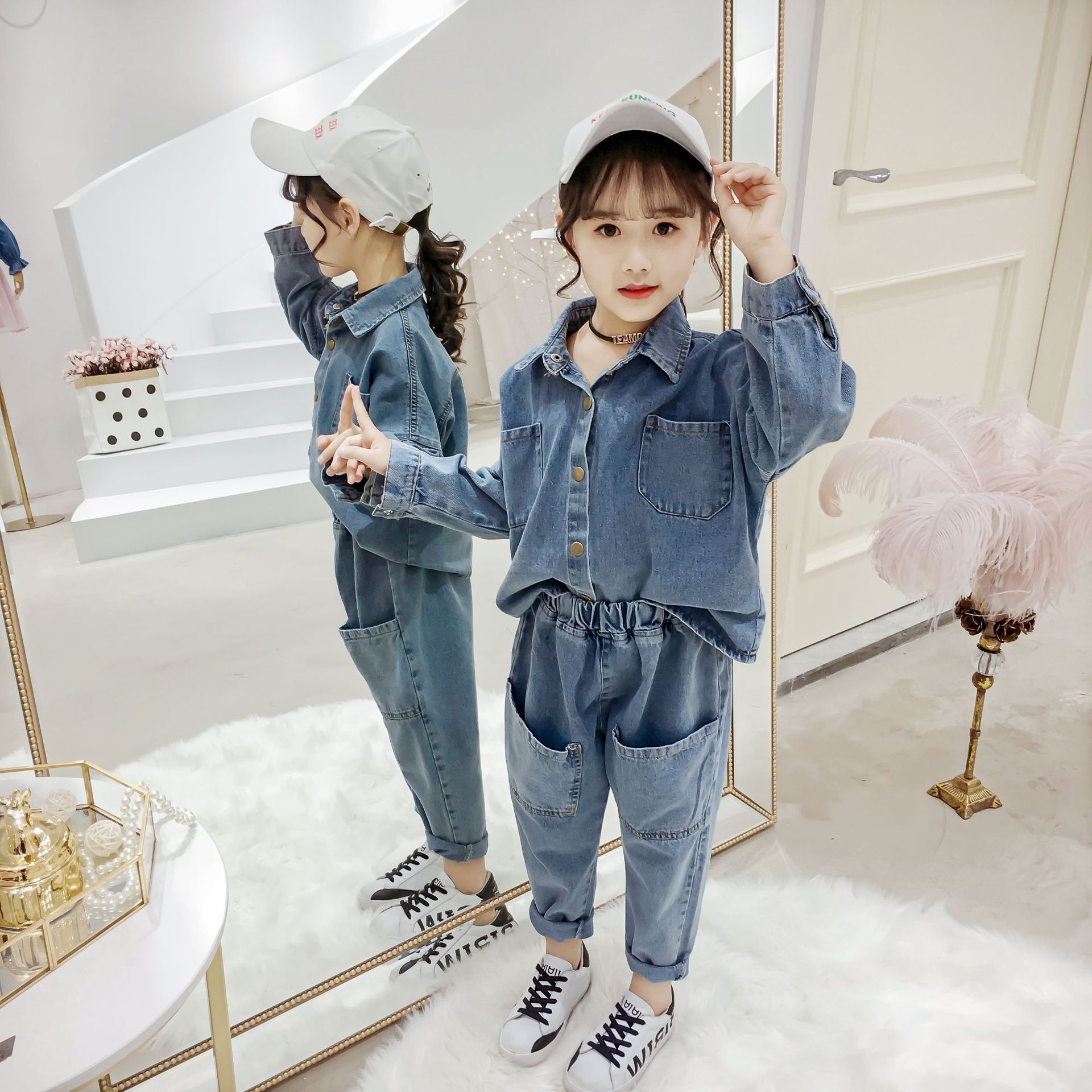 女童牛仔套装2021新款秋季儿童网红洋气女孩春秋时髦外套两件套潮