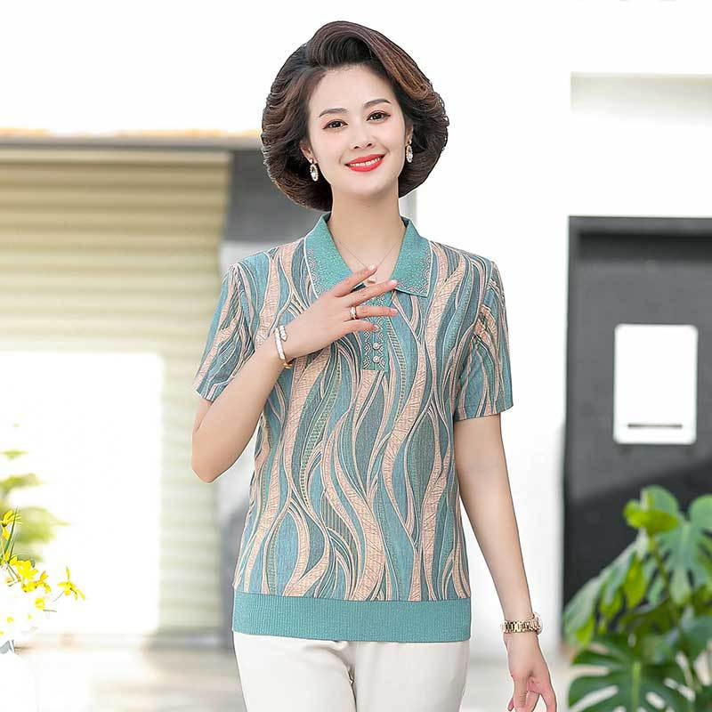 时尚妈妈夏装新款短袖上衣透气舒适女中年翻领薄款印花中老年女装