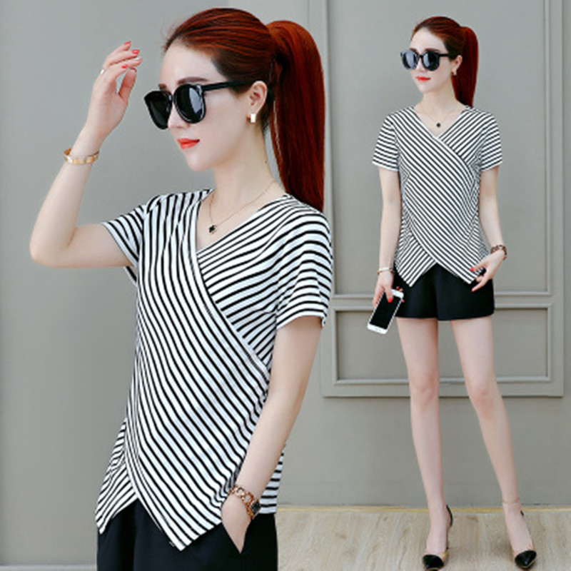 Striped T-shirt Short Sleeve Women Ins Women's Fashion Clothing 2023 Summer New Loose Large Size Top Casual One Piece Dropshipping