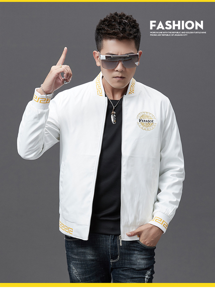 春秋白色外套休闲夹克男美人头刺绣欧洲站棒球领潮牌靓仔男装