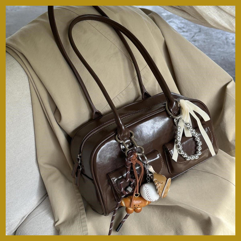 包包女新款大容量韩国棕色复古保龄球手提单肩包