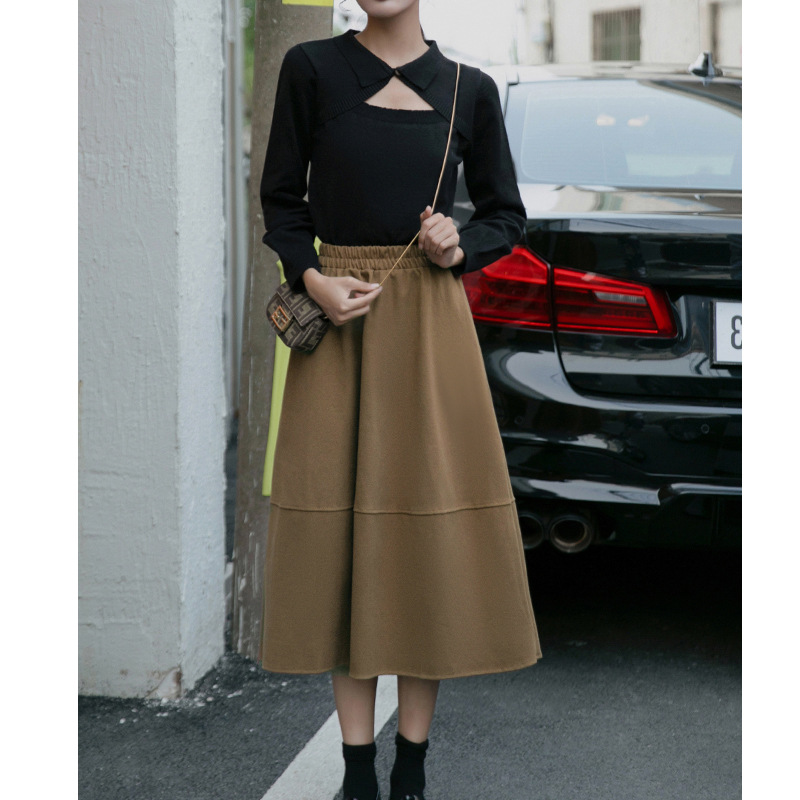 卡其色半身裙女冬季2021加厚日式毛呢小个子a字裙高腰伞裙可代发