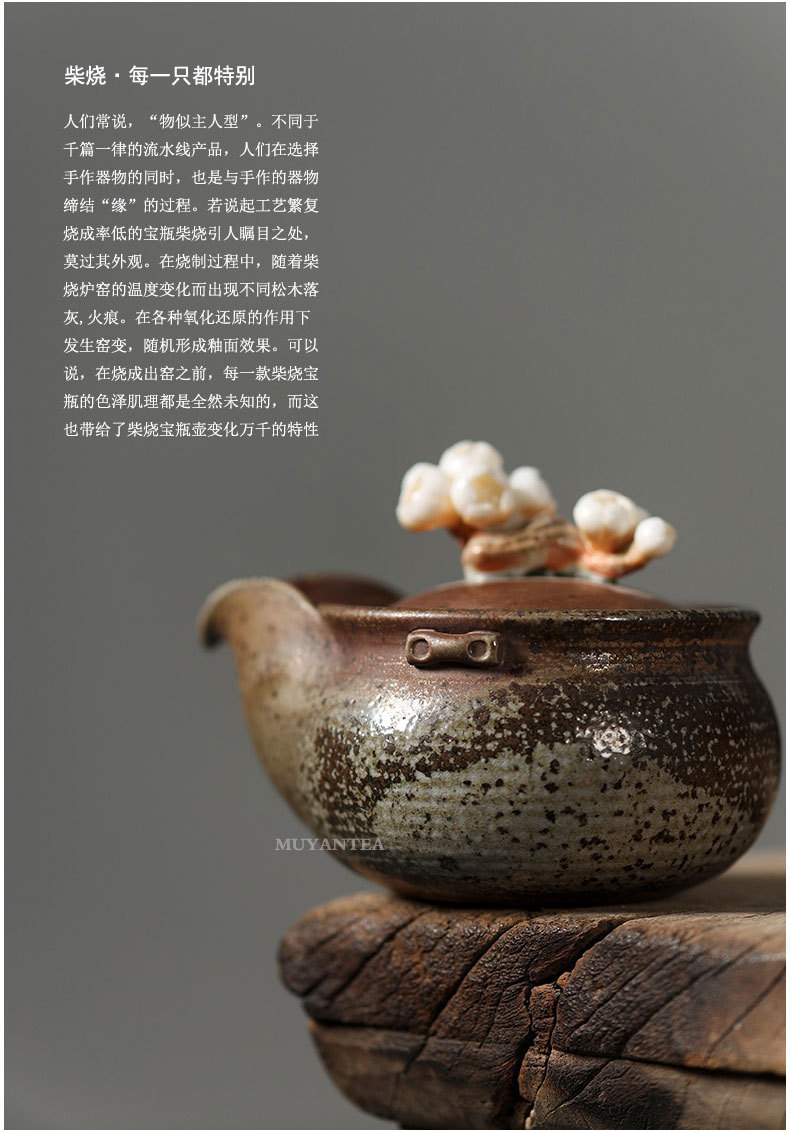 慕陶日本备前烧捏花宝瓶壶手作柴烧自然落灰手抓茶壶日式泡茶器