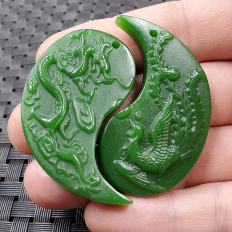 饰品吊坠新疆和田外蒙料龙凤挂件仿碧玉龙凤情侣吊坠阳绿挂件玉牌
