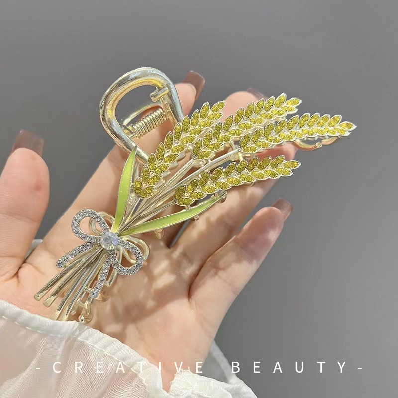 Shiny Diamond-Encrusted Metal Wheat Large Hair Clip Female Back Head Updo Shark Clip 2023 New Online Influencer Headdress