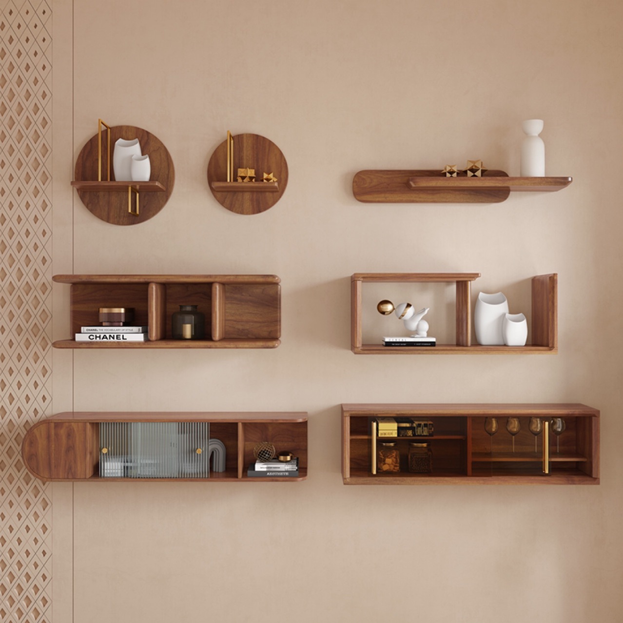 新中式餐厅客厅吊柜壁柜实木电视挂墙式置物架装饰架自由组合墙柜