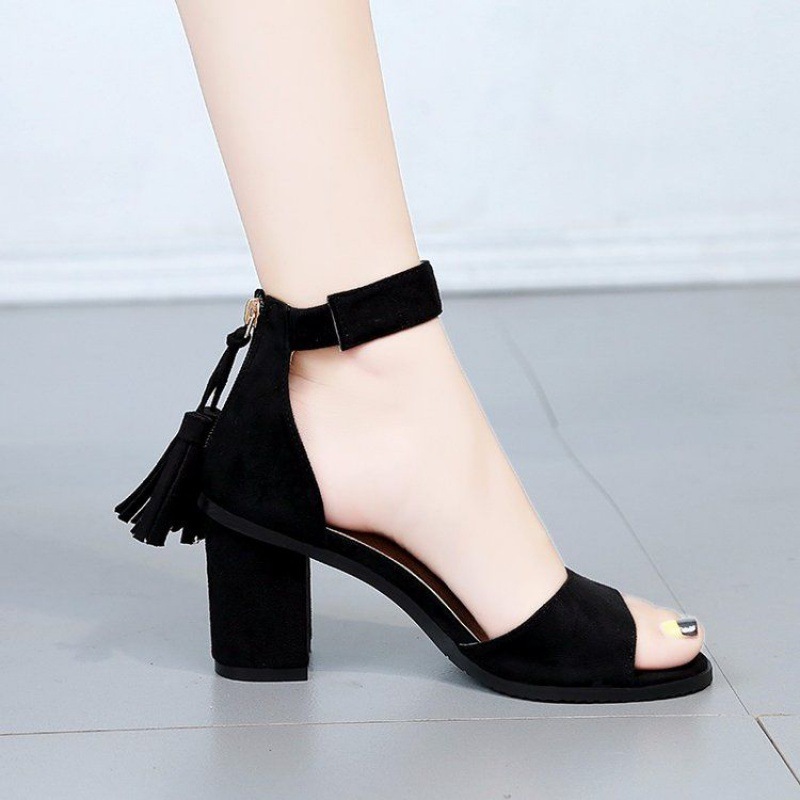 凉鞋女夏季新款韩版一字扣带中跟粗高跟鞋百搭后拉链高跟凉鞋