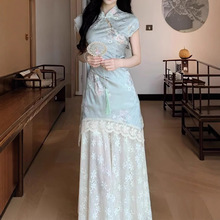 YUEJUXING十三行月魄霜英 新中式国风拼接蕾丝印花旗袍夏季女