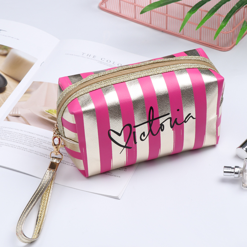 Cross-Border Hot Selling Striped Make-up Bag Pu Wash Bag Multifunctional Cosmetic Bag Waterproof Travel Storage Bag Can Be Customized Logo