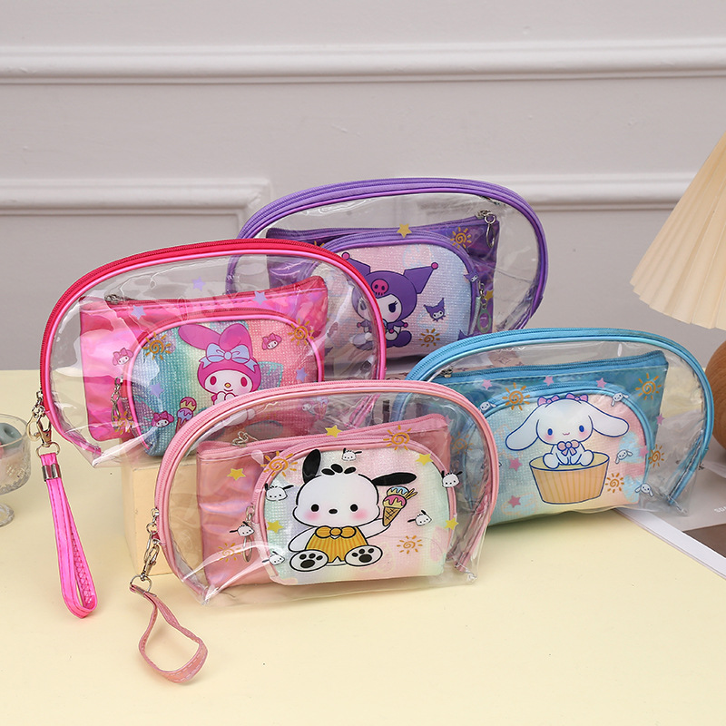 Spot Goods Japanese Cartoon Pu Large Capacity Three-Piece Portable Cosmetic Bag Portable Travel Cosmetics Wash Bag