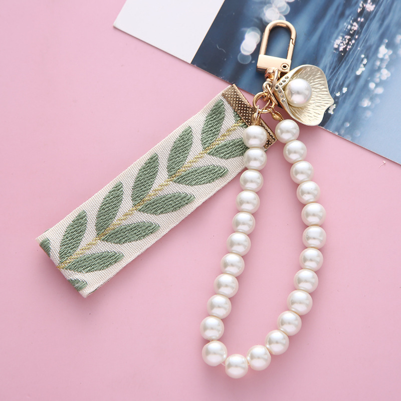 New Fresh Ribbon Alloy Key Ring Pendant Creative Stripes Woven Belt Pearl Heart Accessory Bag Decoration