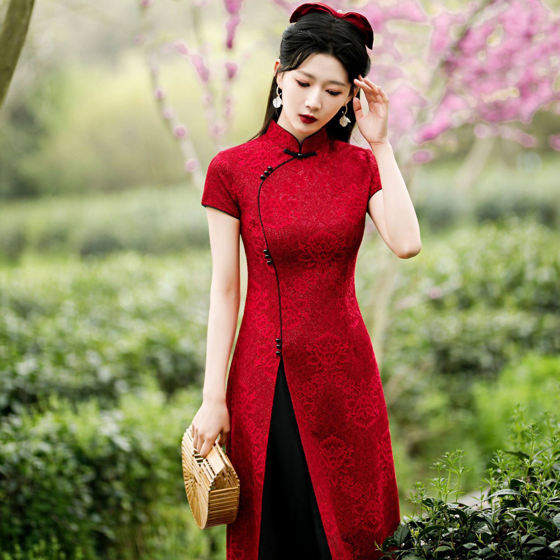 改良旗袍敬酒服蕾丝奥黛中式红色结婚助考妈妈装高考旗开得胜旗袍