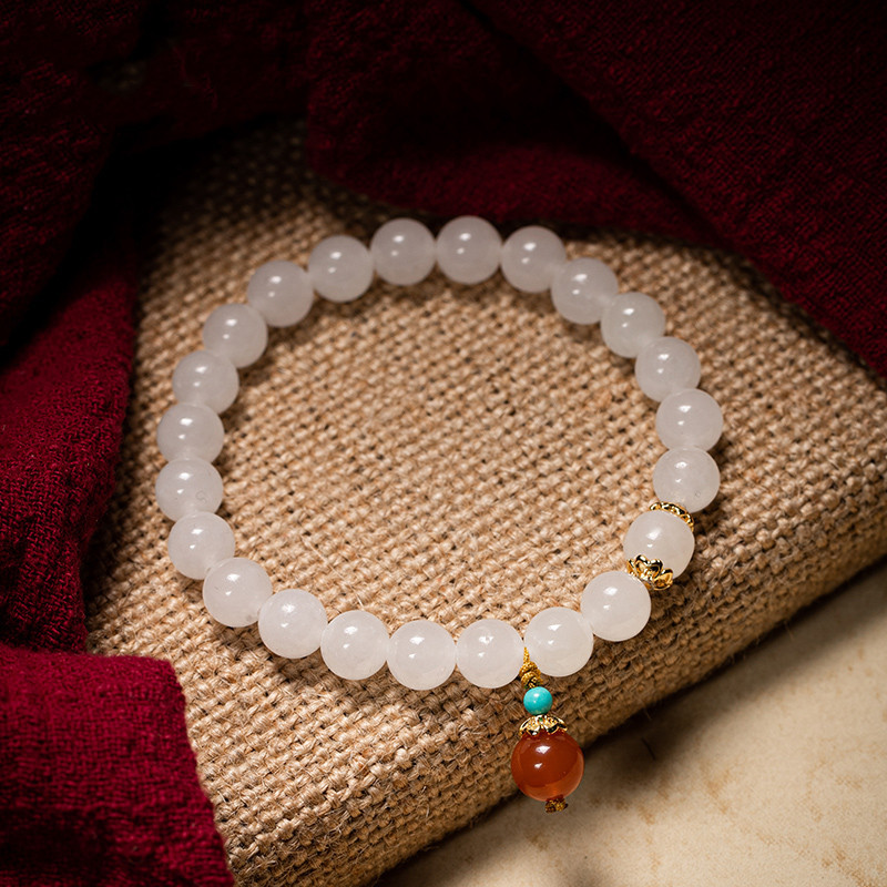 和田白玉手串8mm圆珠单圈diy女款搭配南红珠手链佛珠简约大气饰品