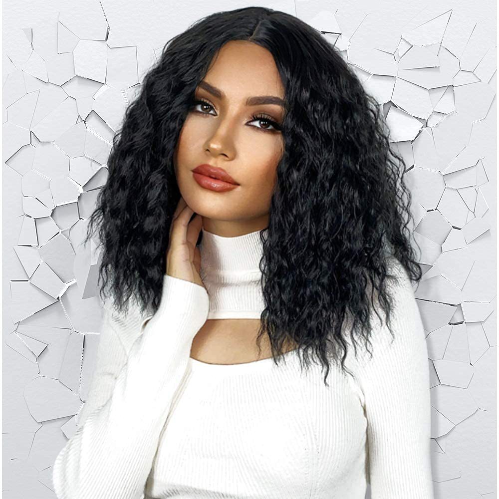 外贸欧美假发女士 非洲卷中分假发 黑色水波纹短卷发高温丝全头套