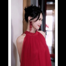 新中式晨袍新娘结婚敬酒服订婚连衣裙红色挂脖婚后便装回门晚礼服