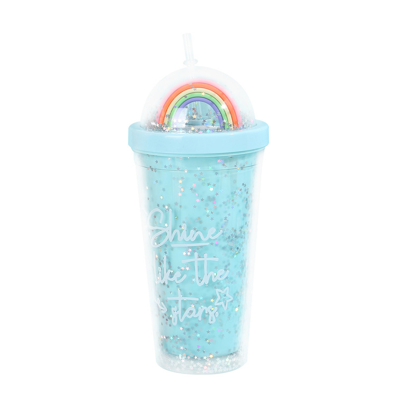 Student Good-looking Rainbow Sequins Cold Water Cup with Straw Large Capacity Rainbow Portable Home Office Summer Ice Cup