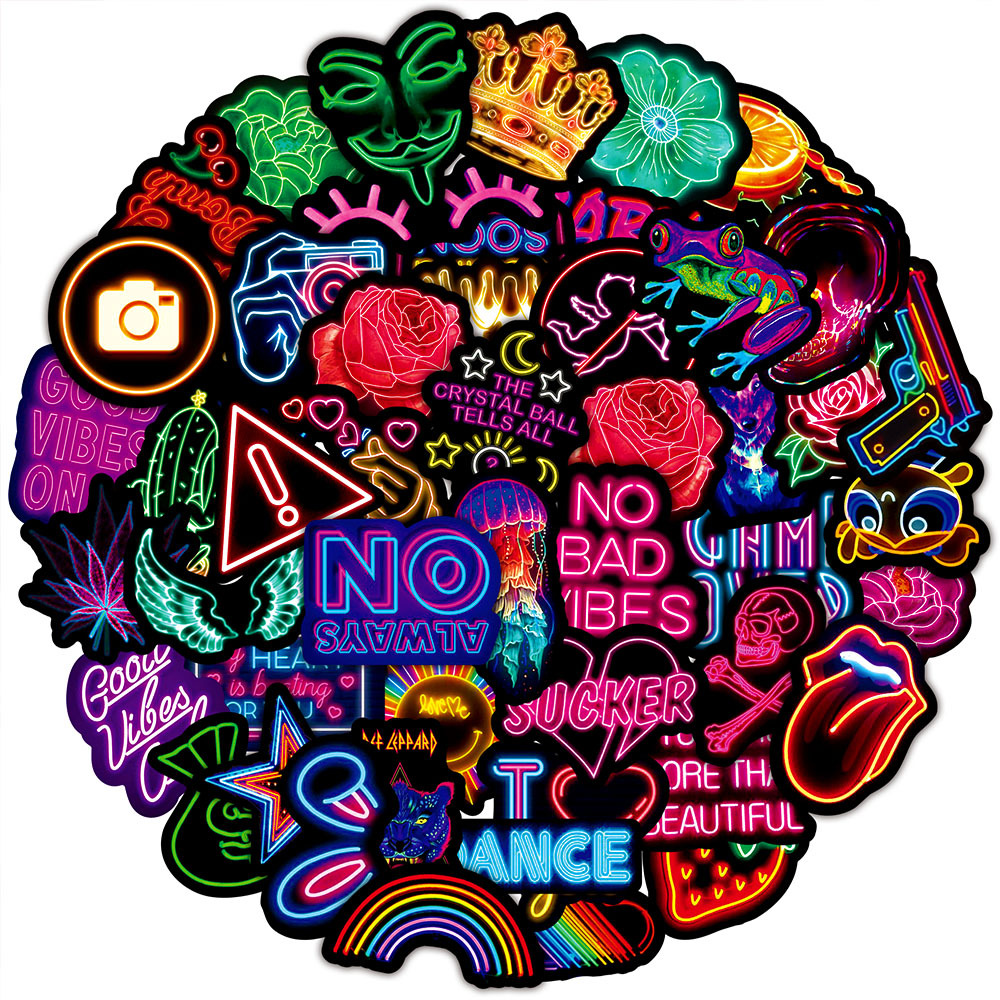 50张创意霓虹灯涂鸦贴纸pvc防水笔记本电脑汽车拉杆箱贴纸批发