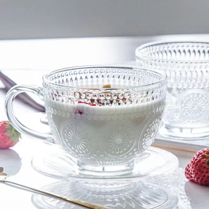 Ins Style Nordic Retro Embossed Milk Glass Cup Large Capacity Breakfast Cup with Handle Sunflower Coffee Cup