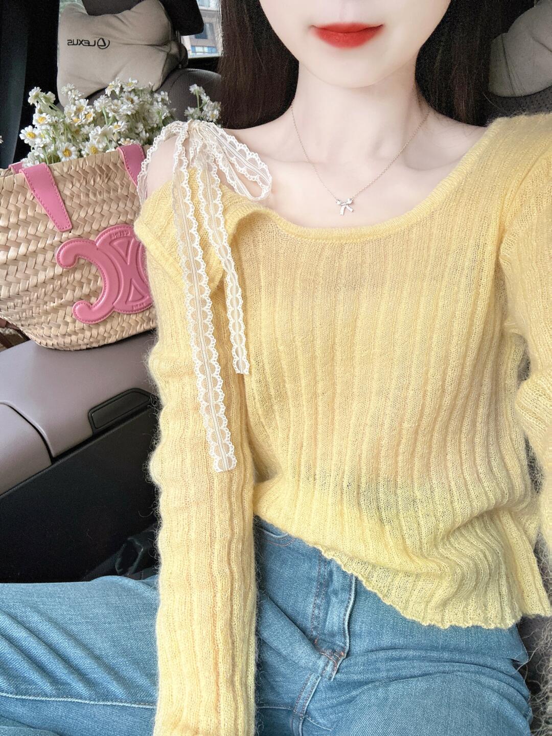 早秋穿搭一整套大码胖mm露肩针织衫牛仔裤韩系气质两件套装女