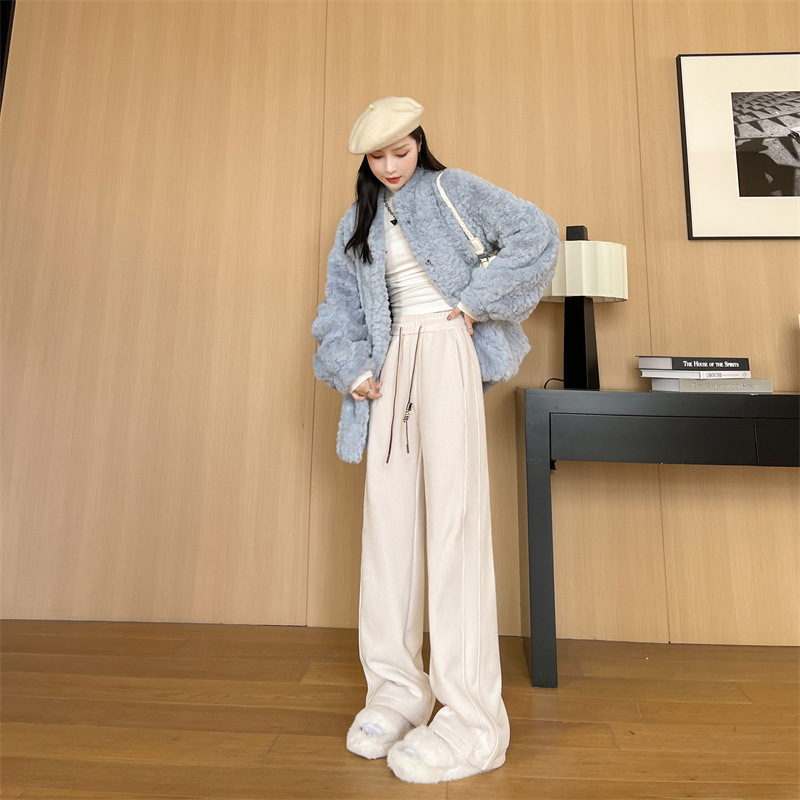 Winter Wide-Leg Pants Fleece-Lined Thickened New Pants Women's Slimming Drooping Straight Casual Pants Kapok Fleece-Lined Pants Women's