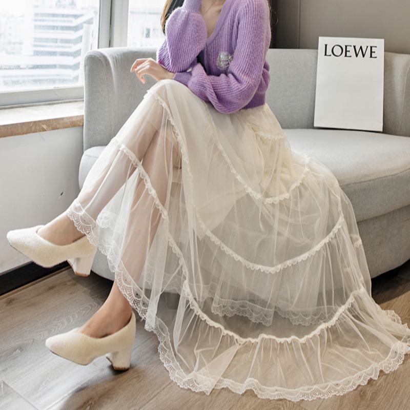 蕾丝拼接网纱半身裙2022早春新款白色纱裙高腰中长款a字蛋糕长裙