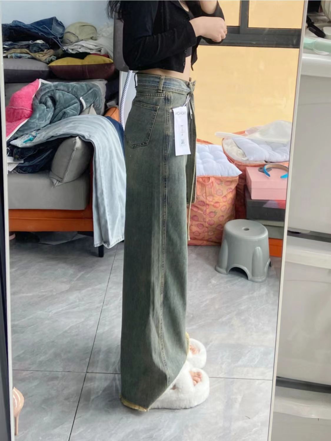 European and American Style Retro High Street Wide Leg Jeans Women's Spring and Autumn High Waist Loose Trendy Drooping Slimming Mop Trousers