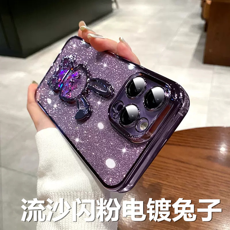 Suitable for Apple 15 Phone Case Glitter Powder Quicksand Rabbit Iphone14pro Electroplated Lens Film TPU Cute Soft Shell