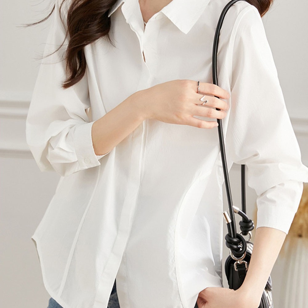 外贸出口白色纯棉衬衫女春秋别致衬衣娃娃衫上衣长袖衬衣女装