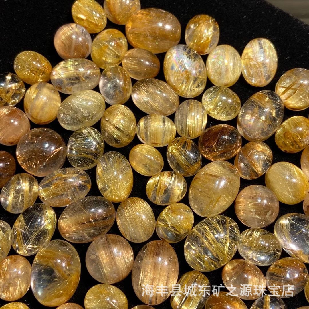 钛晶裸石戒面 天然金发晶裸石戒面发丝清晰镶嵌吊坠戒指工厂批发