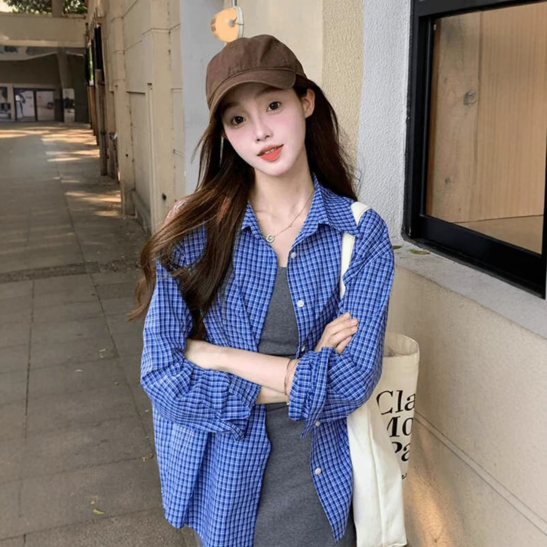 蓝色格子长袖衬衫女春夏新款上衣oversize宽松休闲防晒衬衣外套