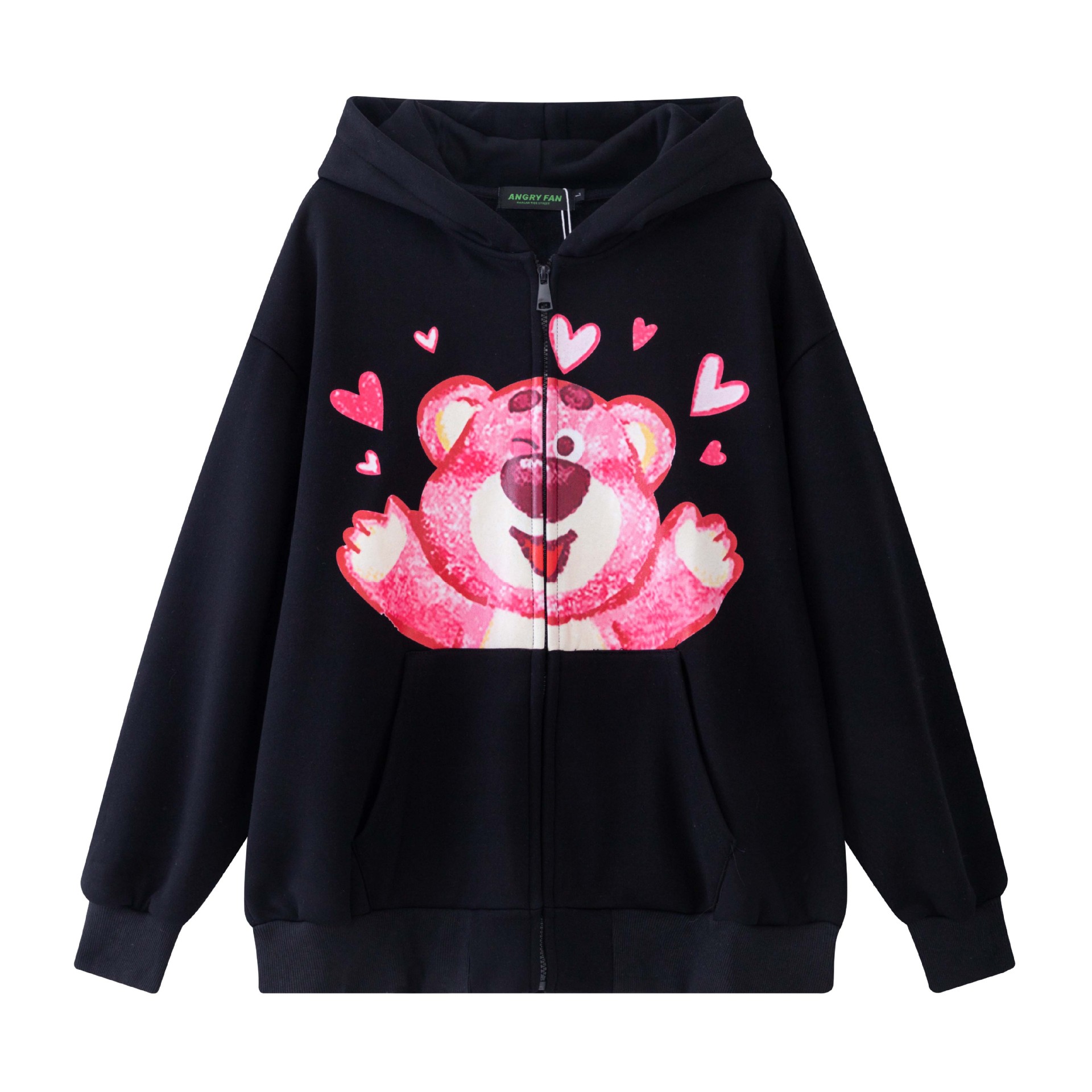 高街国潮卡通熊爱心印花加绒连帽开衫卫衣男女款潮牌宽松休闲外套