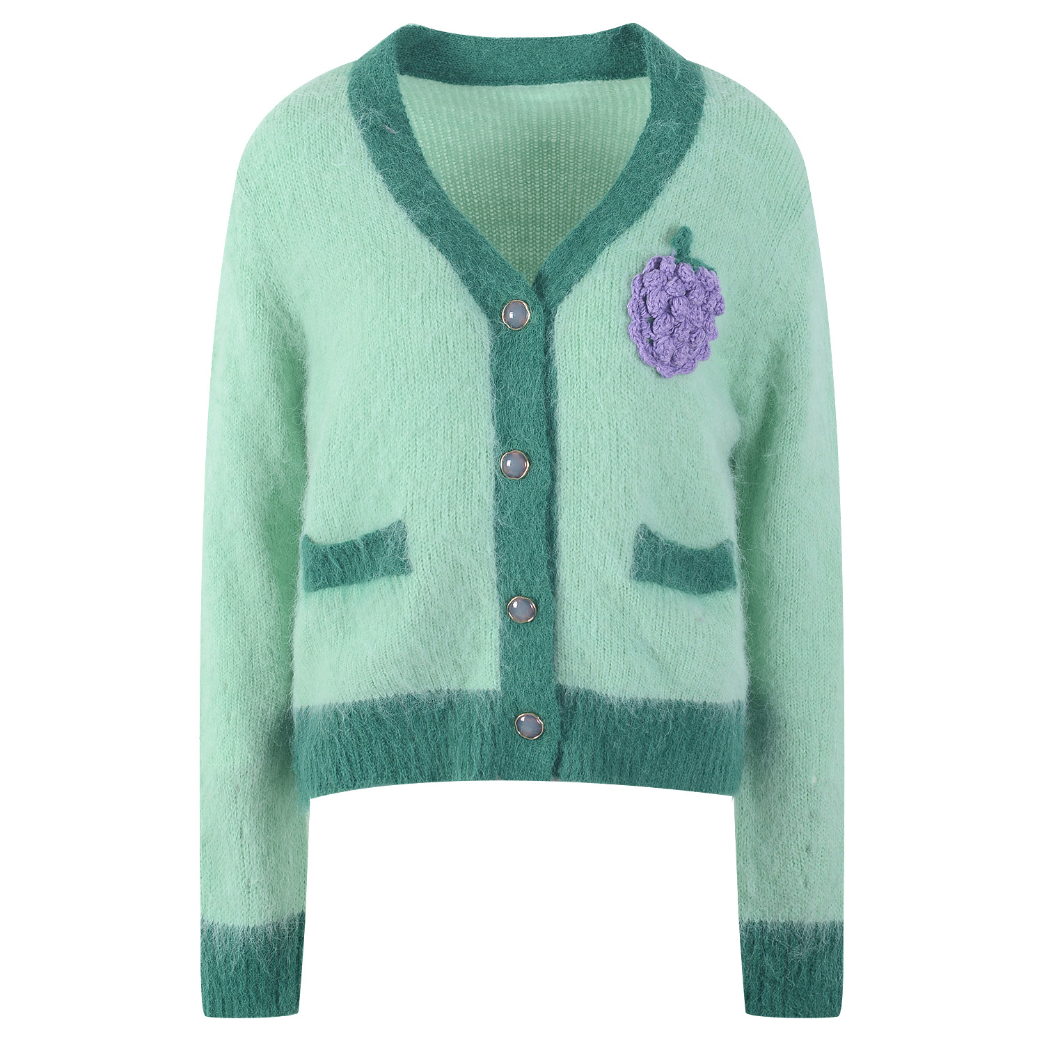 葡萄图案v领拼色慵懒风减龄针织衫开衫长袖毛衣2021秋冬新款