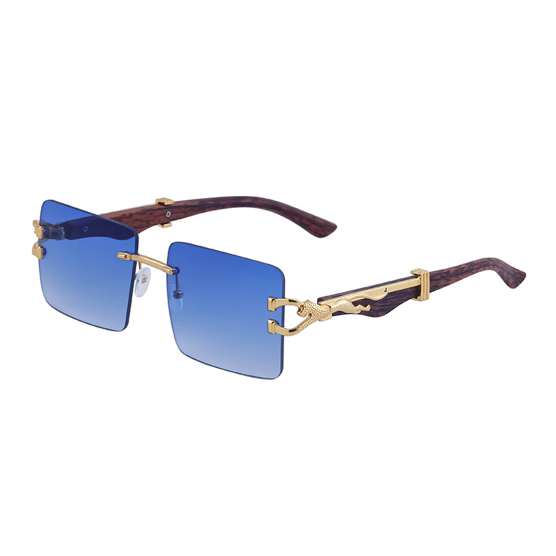 Retro Rimless Sunglasses Men's Personalized Leopard Wood Grain Glasses Leg Square Frame Sunglasses Women's Fashion Cross-Border Wholesale Shades