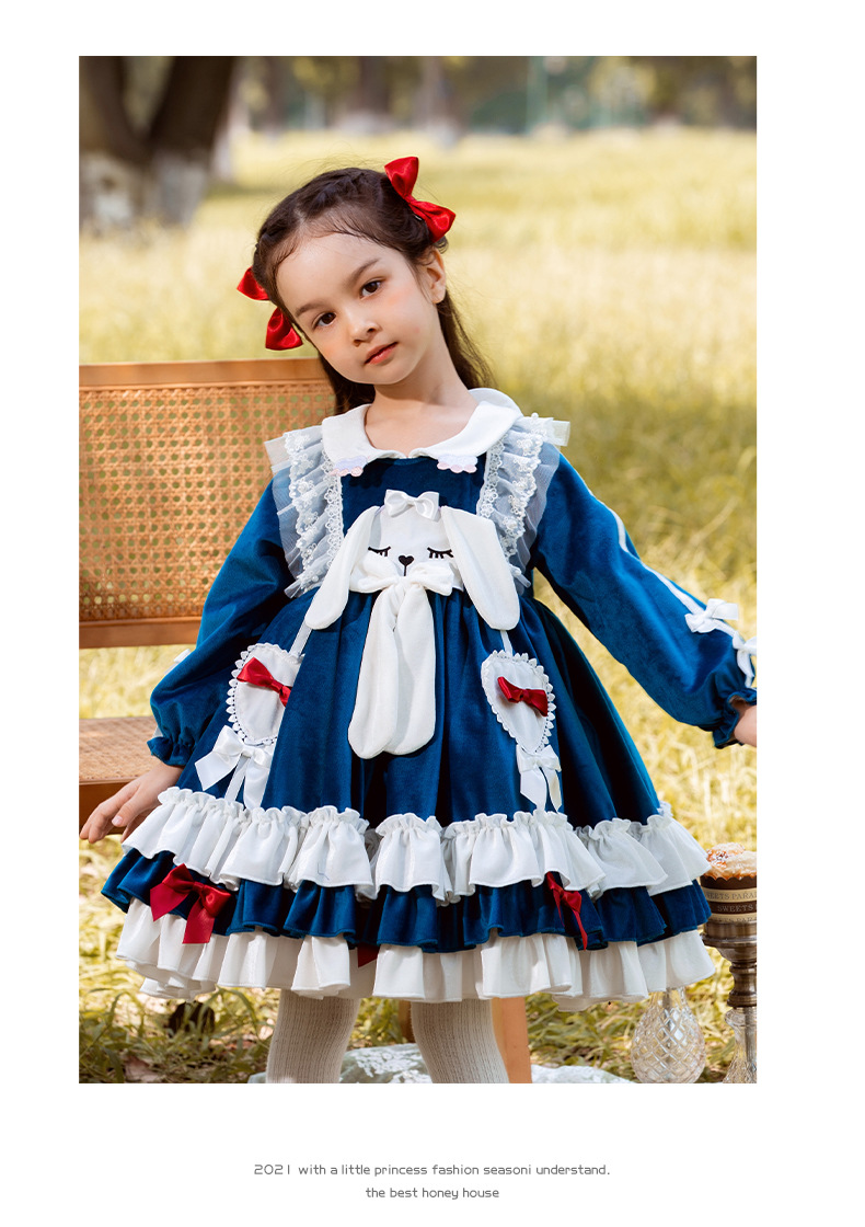 枝芽童装女童洛丽塔lolita公主裙卡通蓬蓬群小女孩可爱丝绒连衣裙