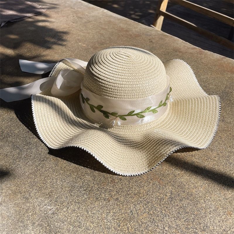 2024夏季新款太阳帽飘带结装饰防晒遮阳沙滩帽草帽名媛风成人帽