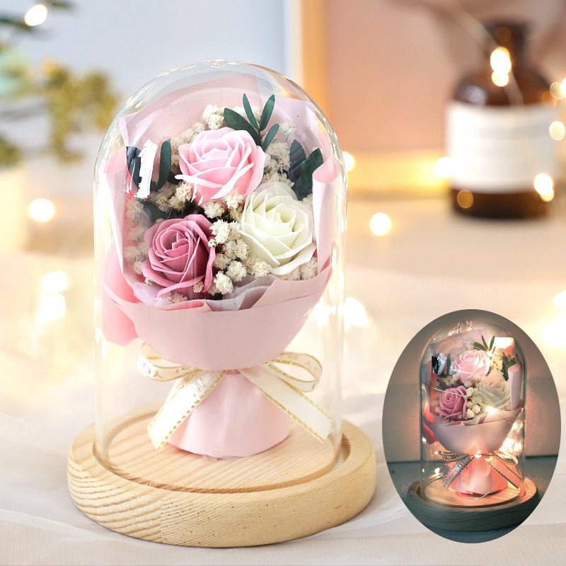 Preserved Fresh Babysbreath Rose Soap Flower Finished Bouquet Decoration Glass Cover Valentine's Day Gift Birthday Gift Box