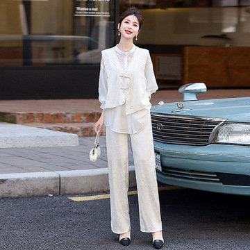 国风假两件衬衫套装女2024夏季新款显瘦今年流行洋气阔腿裤两件套