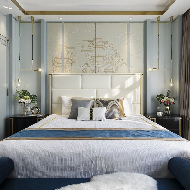 意式轻奢后现代皮床美式高档软包北欧风格金属样板间卧室皮艺家具