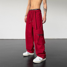 美式复古街头嘻哈红色工装裤高街设计感直筒阔腿休闲裤子潮