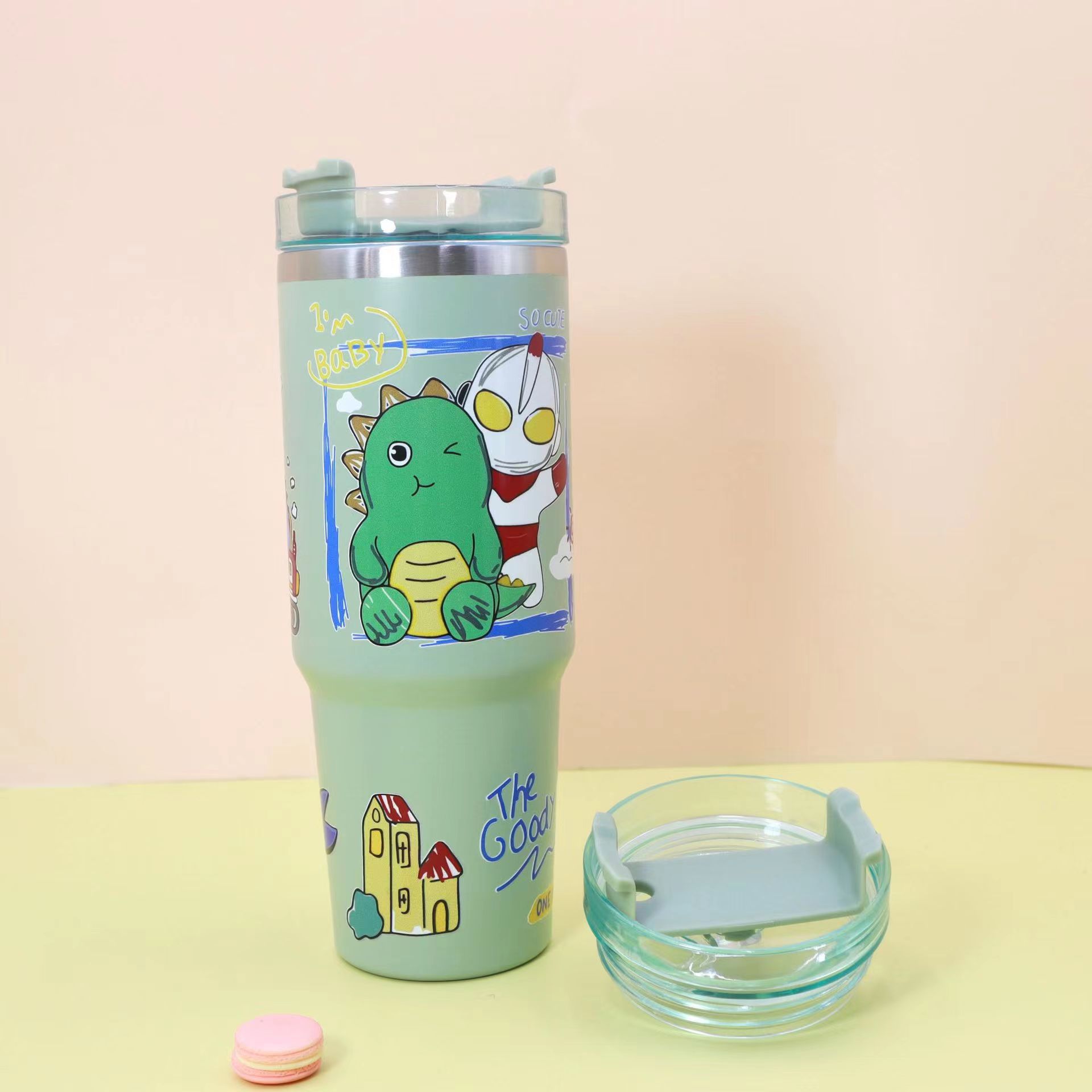 Foreign Trade 30Oz Cup Cartoon Pattern 304 Stainless Steel Large Ice Cup Thermos Cup Printed Logo Cup with Straw