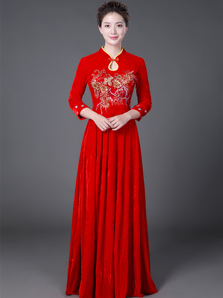 金丝绒大合唱团演出服女长裙中老年指挥红歌比赛服装优雅年会礼服